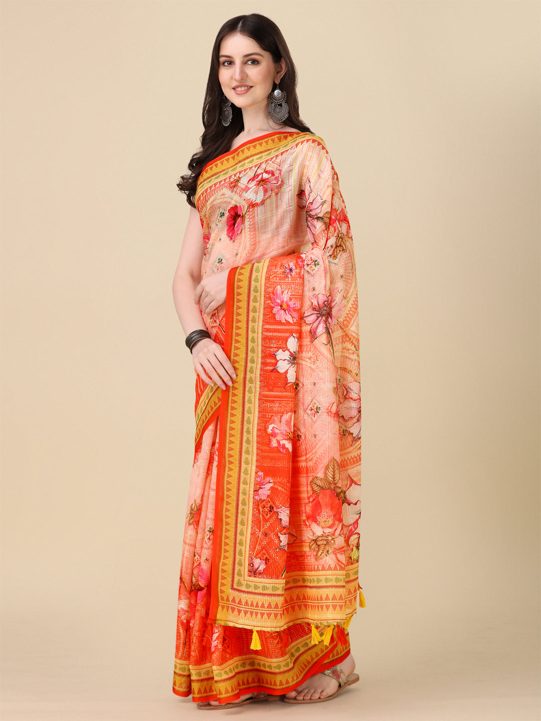 Designer Linen Saree with Digital Motif Print & Crochet Lining | Special Event