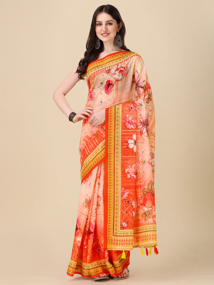 Designer Linen Saree with Digital Motif Print & Crochet Lining | Special Event