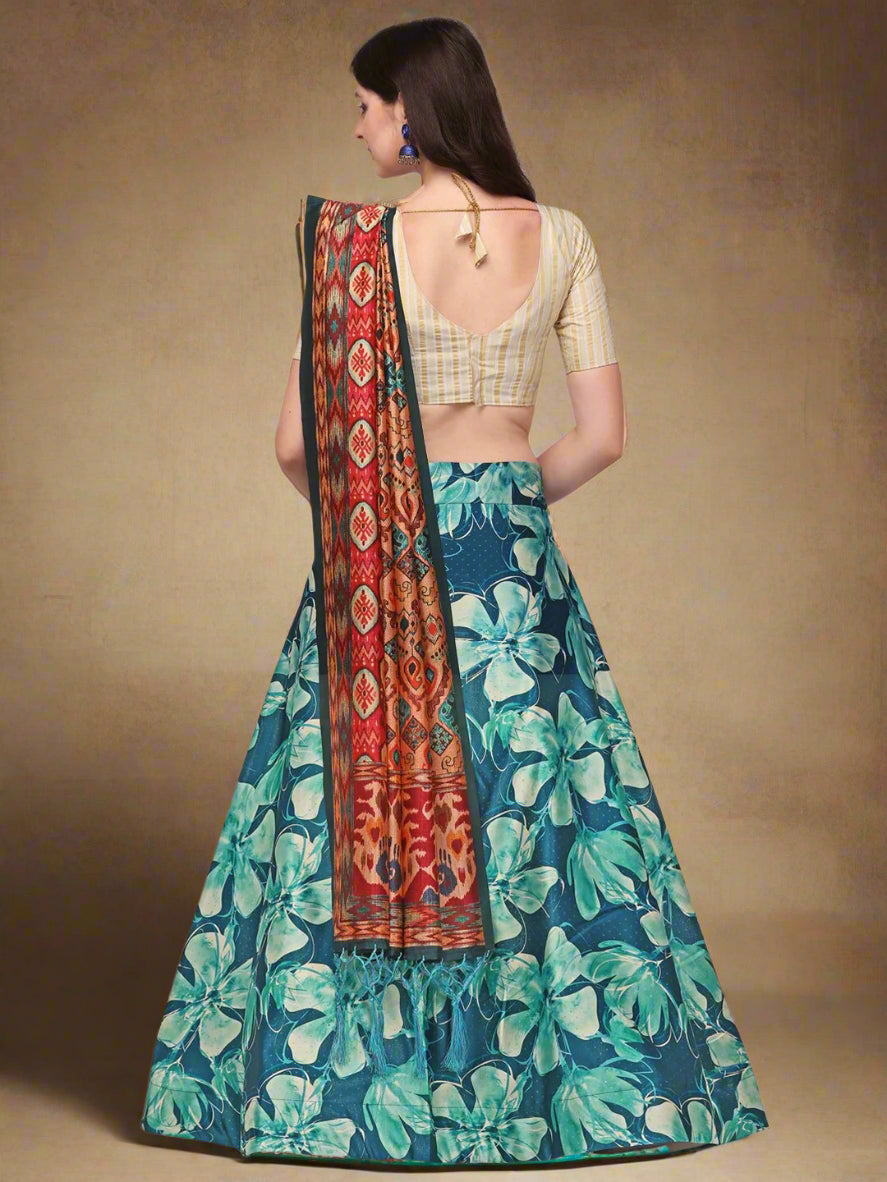 Exquisite Teal Lehenga | Silk & Satin with Digital Print for Modern Elegance