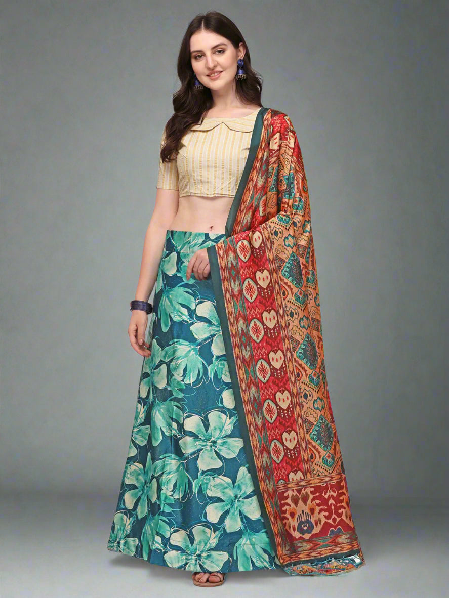 Exquisite Teal Lehenga | Silk & Satin with Digital Print for Modern Elegance