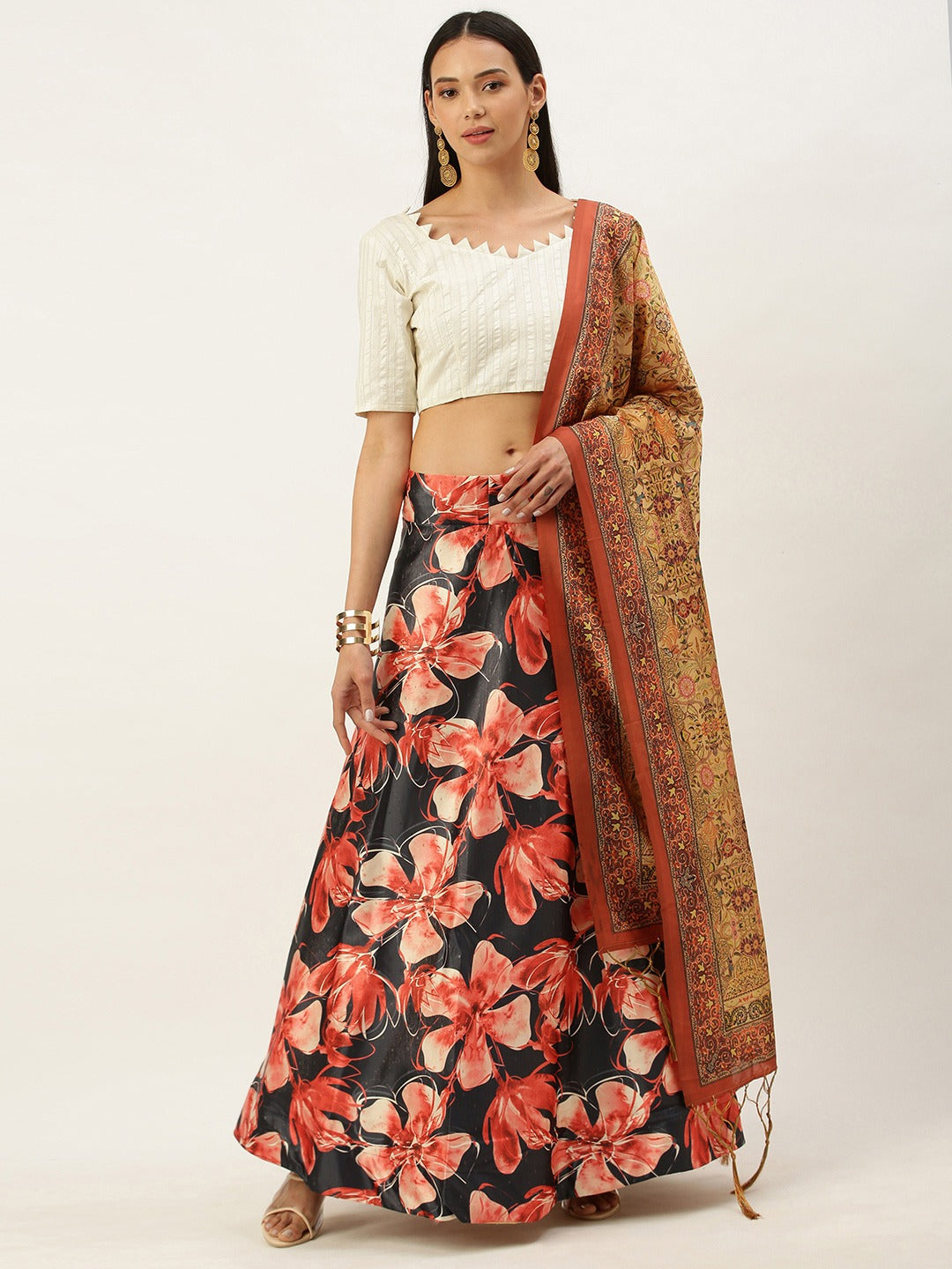 Black Silk & Satin Lehenga | Exquisite Digital Prints & Traditional Elegance