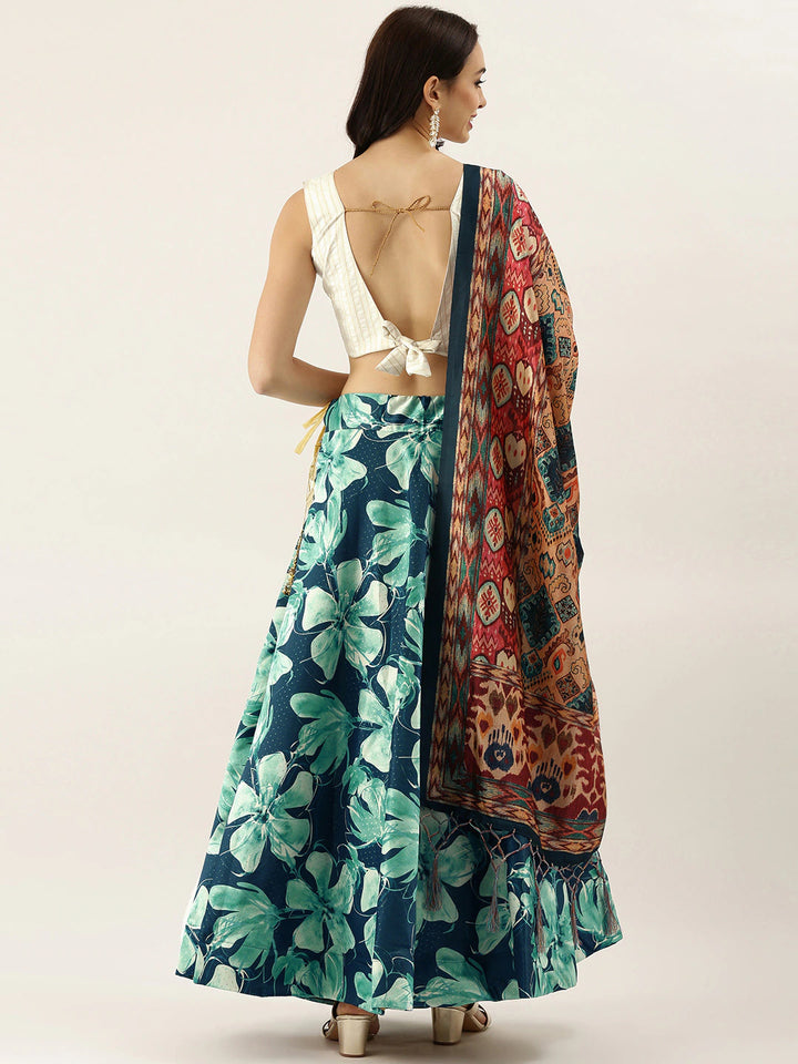 Teal Blue Designer Lehenga | Luxurious Silk & Satin Bottom with Prints