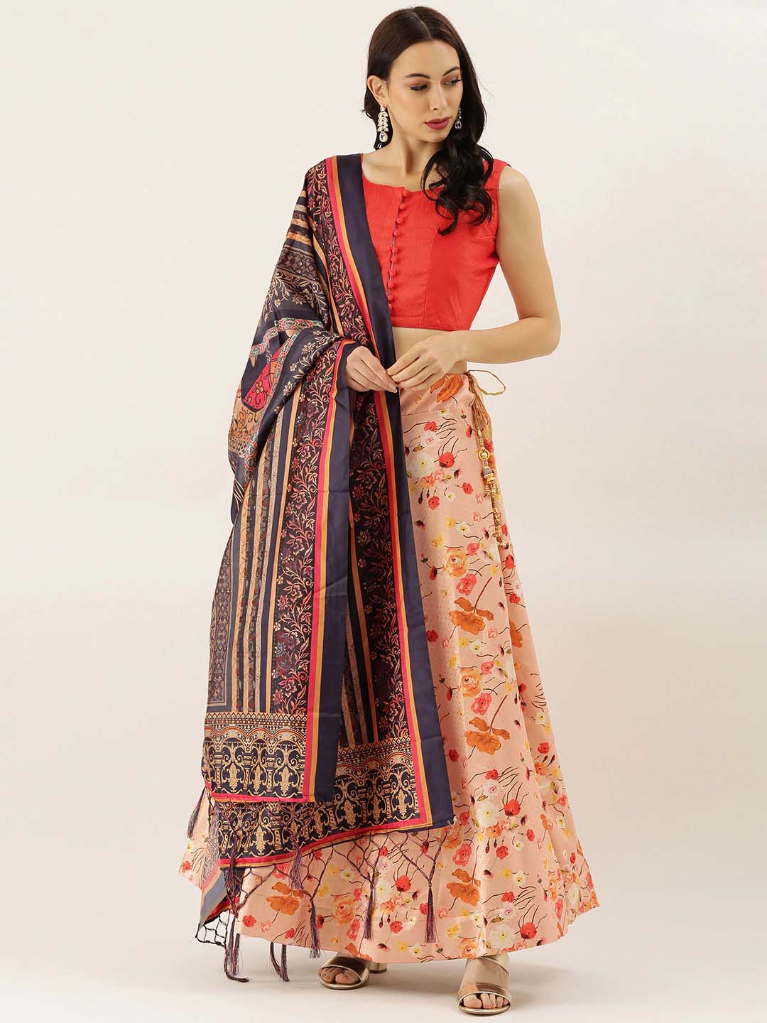 Orange Designer Lehenga | Silk Top & Satin Bottom with Digital-Printed Design