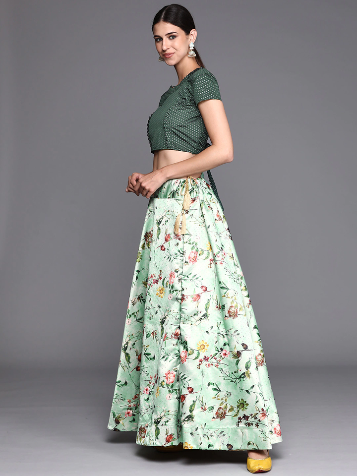 Elegant Green Lehenga | Silk & Satin with Digital Print for Modern Grace