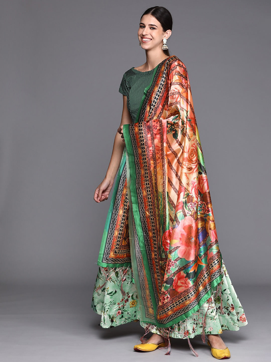 Elegant Green Lehenga | Silk & Satin with Digital Print for Modern Grace