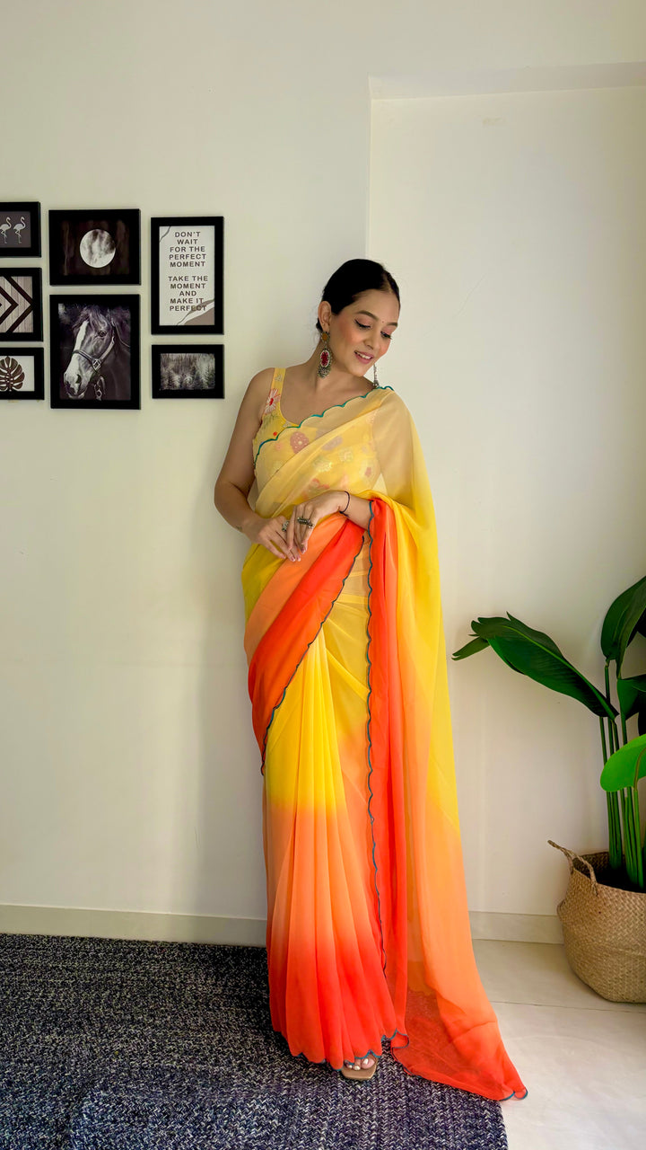 Faux-Georgette Saree with Heavy Embroidery | Fancy Arco Border Blouse