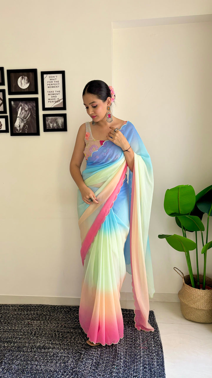 Faux-Georgette Saree with Heavy Embroidery | Fancy Arco Border Blouse