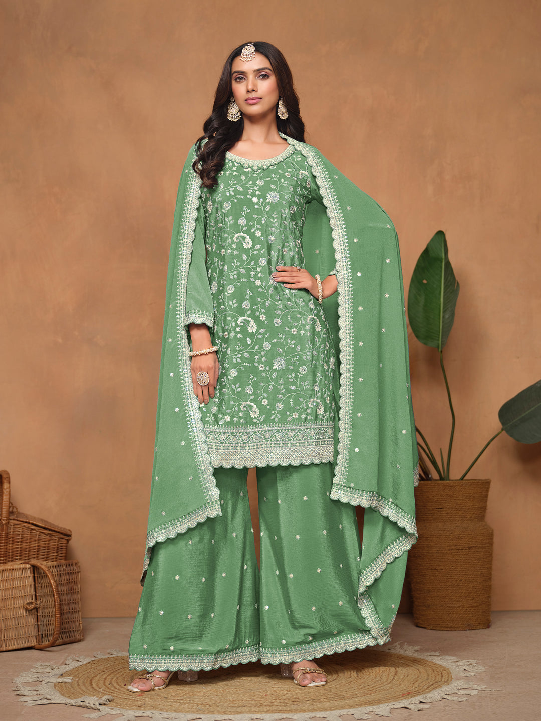 Graceful Chinon Embroidered Palazzo Set for Women | Elegant Ethnic Wear