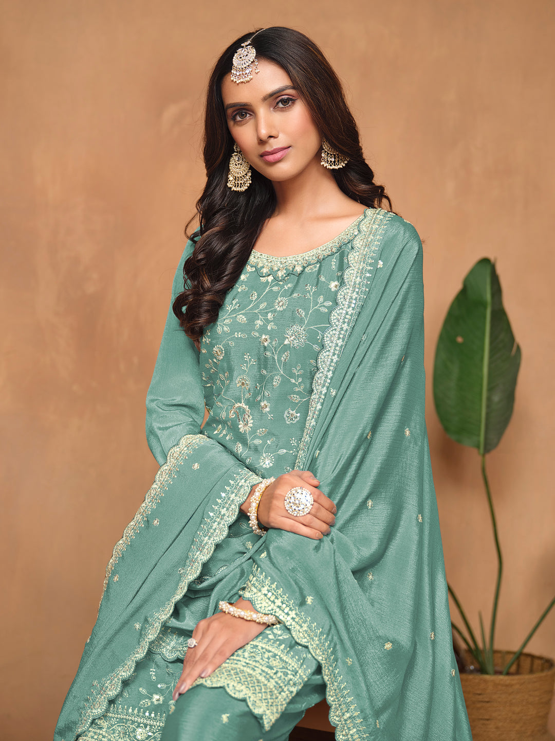 Graceful Chinon Embroidered Palazzo Set for Women | Elegant Ethnic Wear