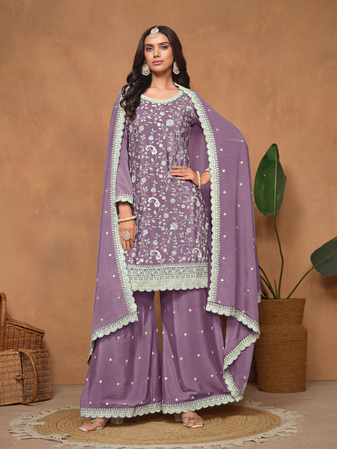 Graceful Chinon Embroidered Palazzo Set for Women | Elegant Ethnic Wear