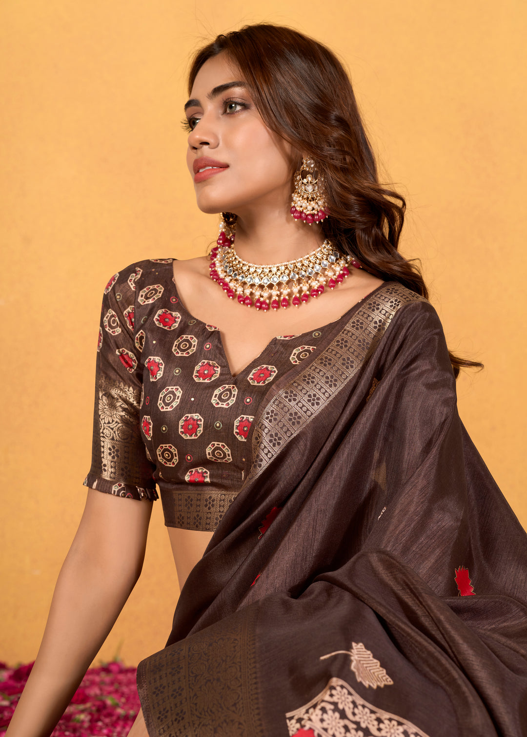 Elegant Dola-Silk Saree with Banarasi-Silk | Weaved & Foil-Printed Design