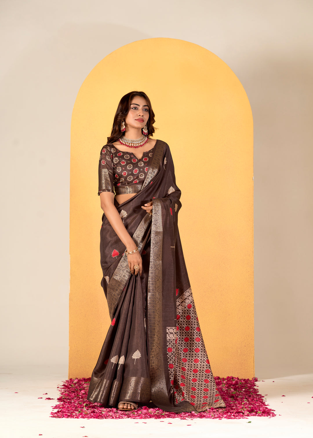 Elegant Dola-Silk Saree with Banarasi-Silk | Weaved & Foil-Printed Design