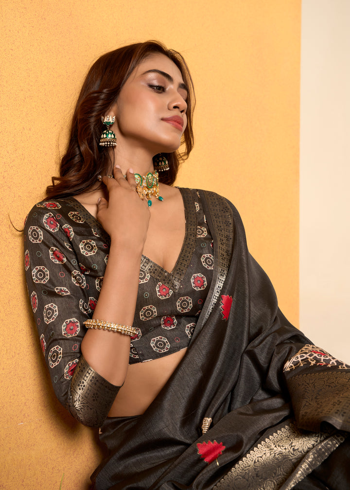 Elegant Dola-Silk Saree with Banarasi-Silk | Weaved & Foil-Printed Design