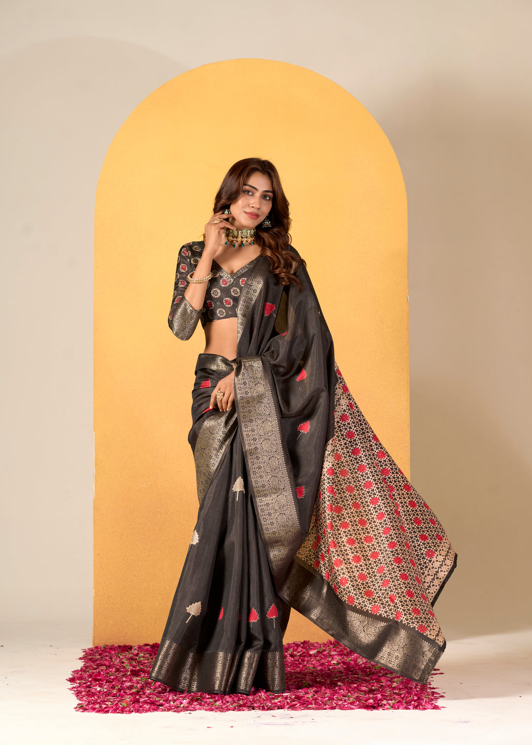 Elegant Dola-Silk Saree with Banarasi-Silk | Weaved & Foil-Printed Design