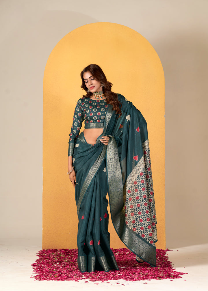 Elegant Dola-Silk Saree with Banarasi-Silk | Weaved & Foil-Printed Design