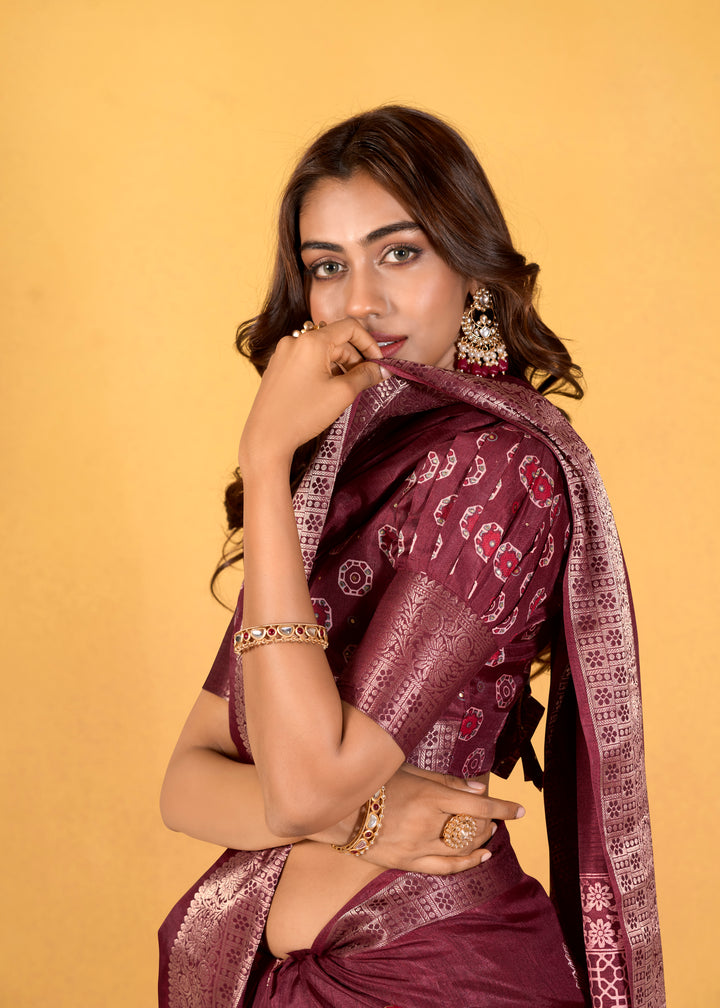 Elegant Dola-Silk Saree with Banarasi-Silk | Weaved & Foil-Printed Design