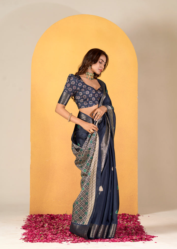 Elegant Dola-Silk Saree with Banarasi-Silk | Weaved & Foil-Printed Design