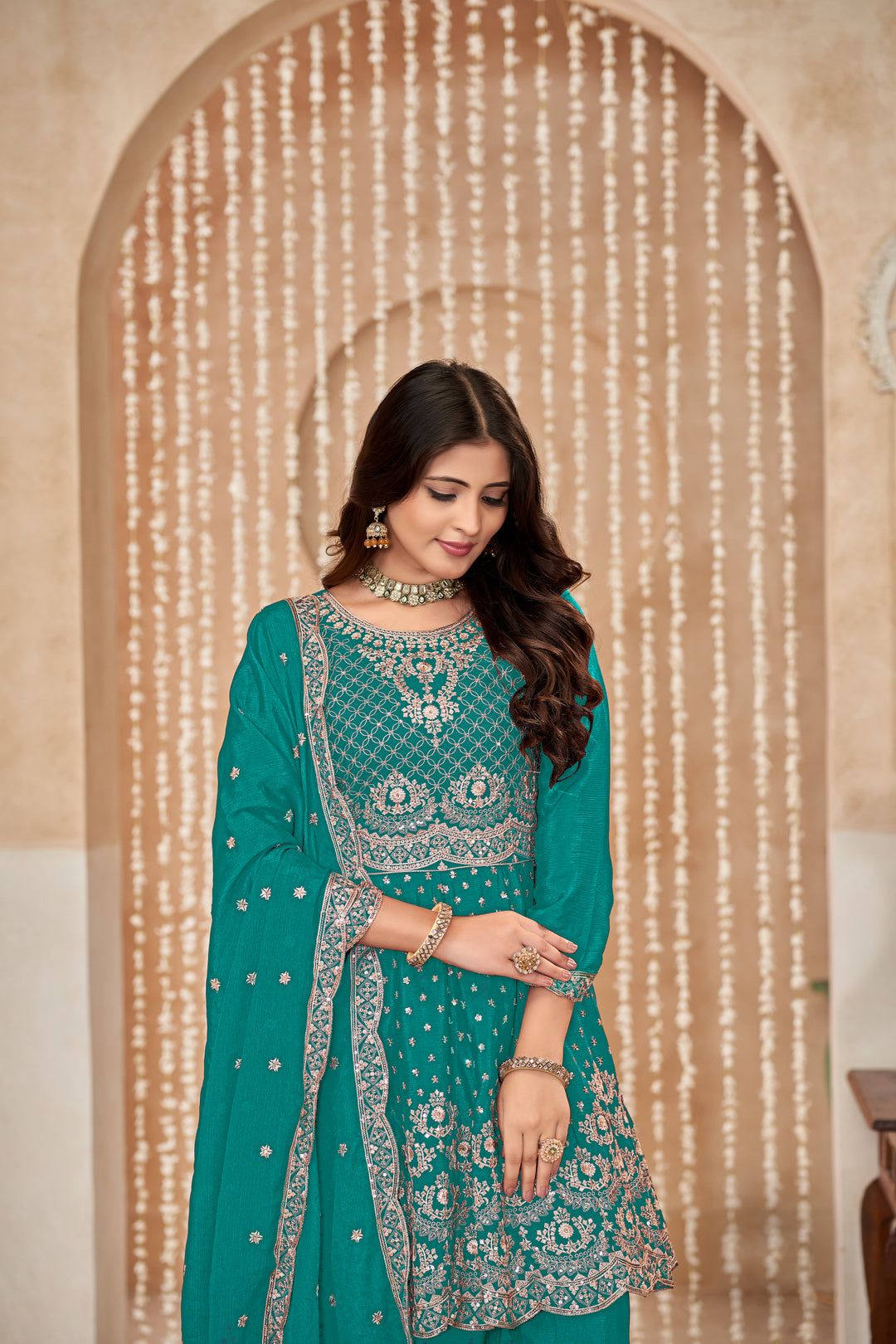 Elegant Chinon Palazzo Set with Intricate Embroidery – Perfect Ethnic Wear for Women