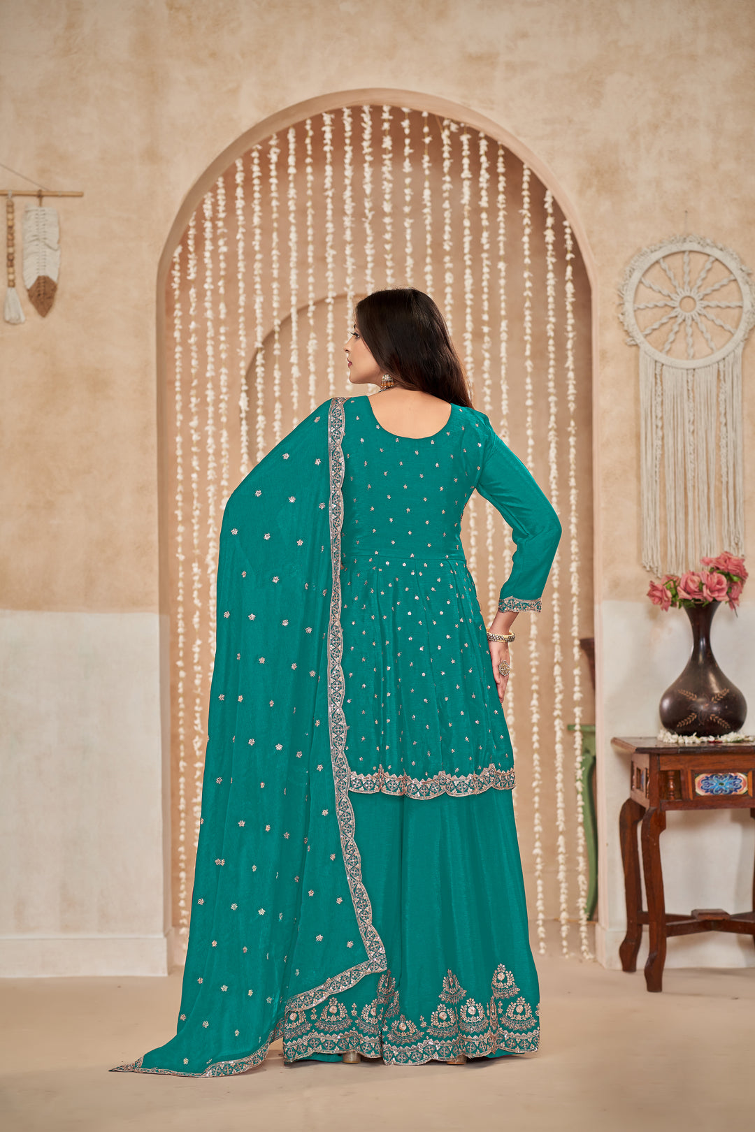 Elegant Chinon Palazzo Set with Intricate Embroidery – Perfect Ethnic Wear for Women