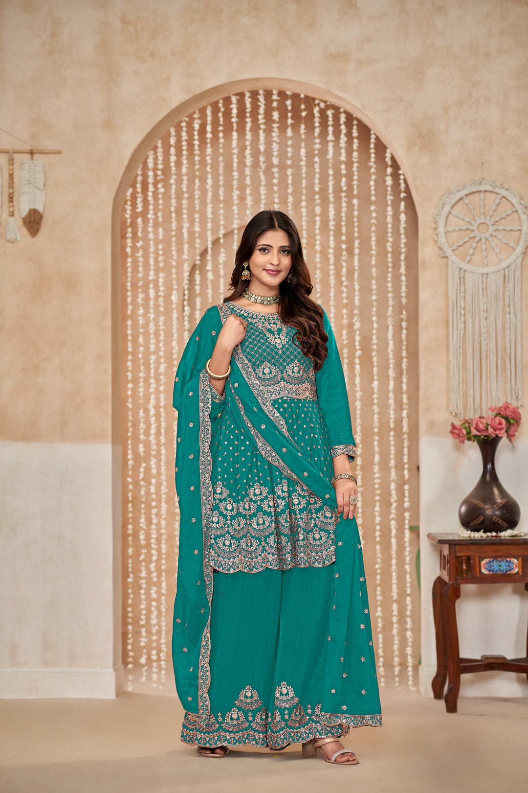 Elegant Chinon Palazzo Set with Intricate Embroidery – Perfect Ethnic Wear for Women