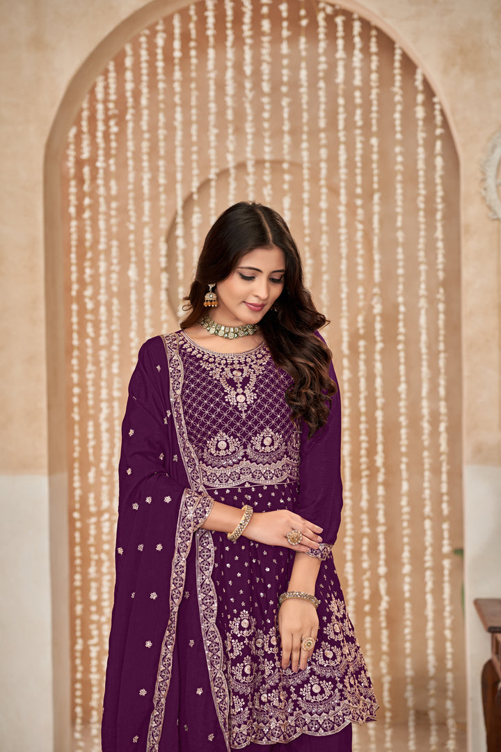 Elegant Chinon Palazzo Set with Intricate Embroidery – Perfect Ethnic Wear for Women