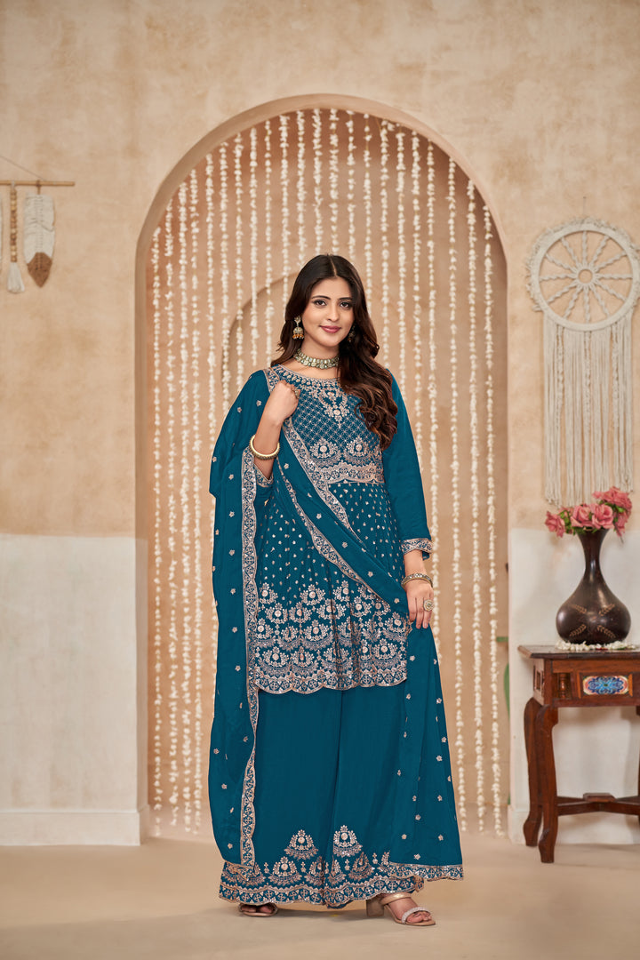 Elegant Chinon Palazzo Set with Intricate Embroidery – Perfect Ethnic Wear for Women