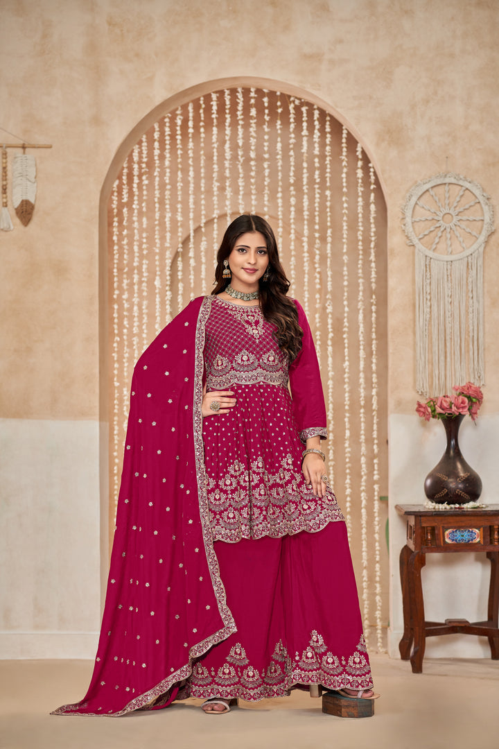 Elegant Chinon Palazzo Set with Intricate Embroidery – Perfect Ethnic Wear for Women