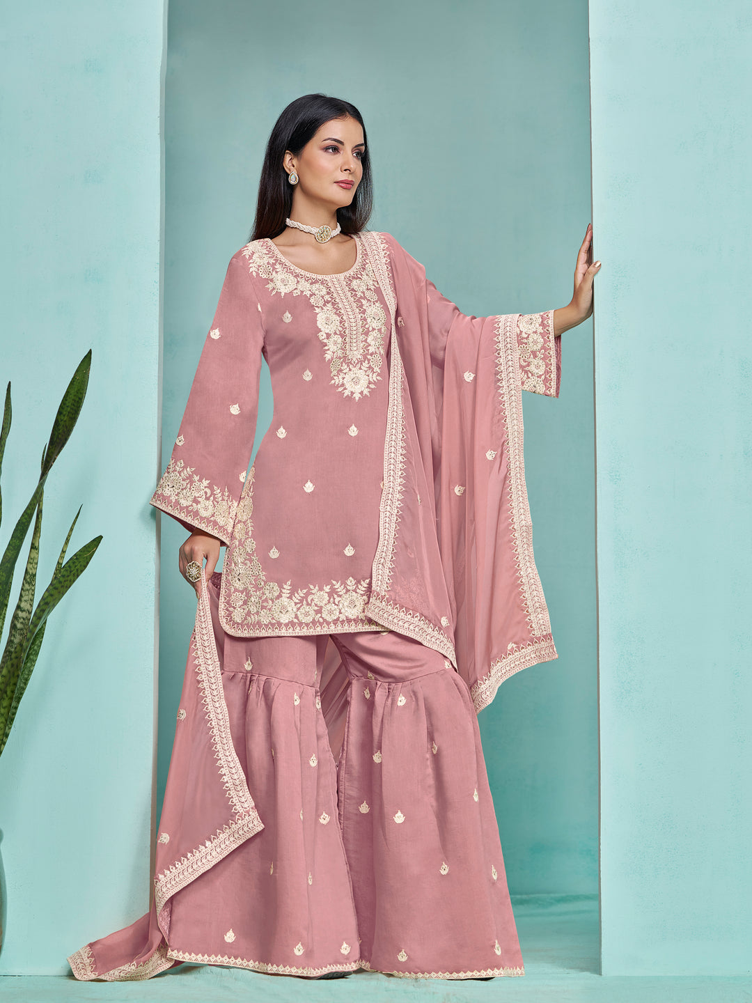 Elegant Roman Silk Palazzo Set with Embroidered Detailing | Stylish Ethnic Wear for Women