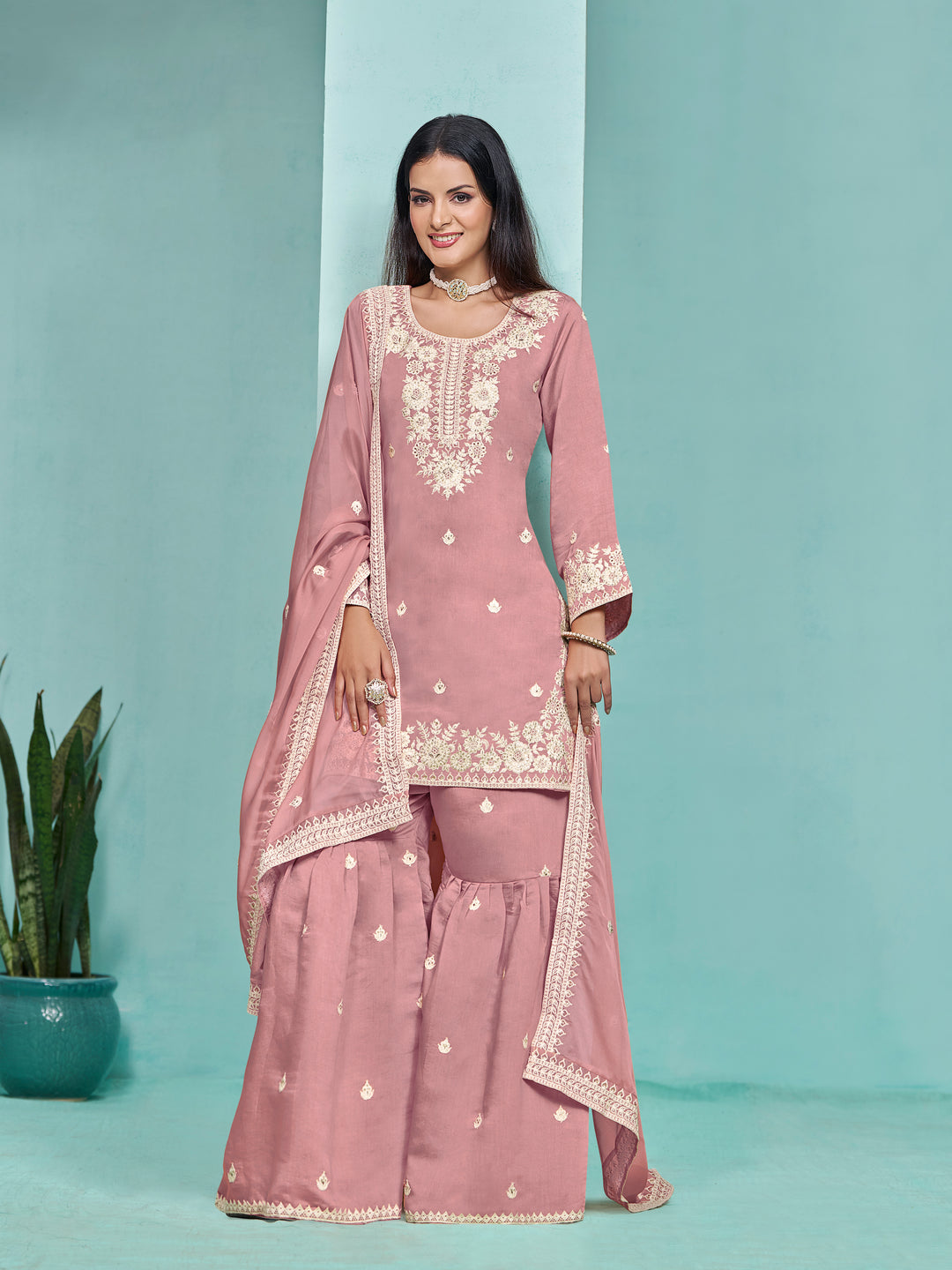 Elegant Roman Silk Palazzo Set with Embroidered Detailing | Stylish Ethnic Wear for Women