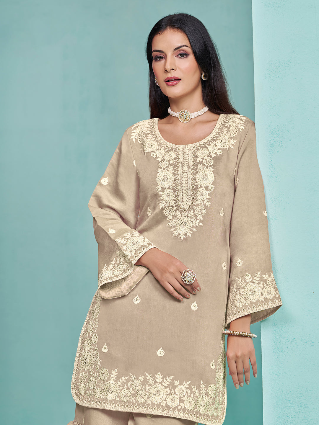 Elegant Roman Silk Palazzo Set with Embroidered Detailing | Stylish Ethnic Wear for Women