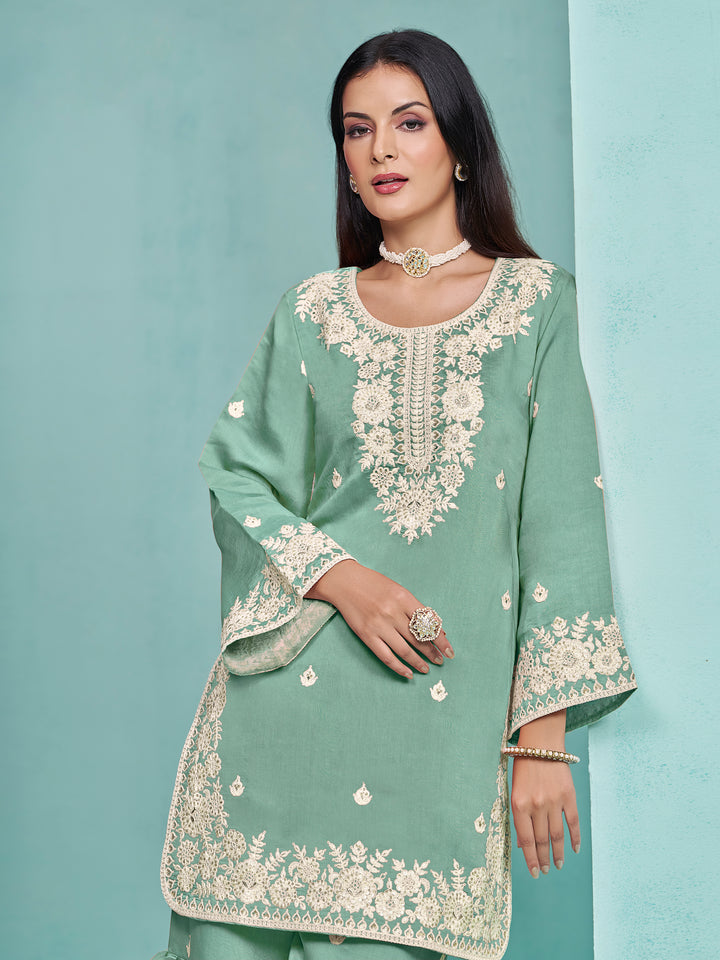 Elegant Roman Silk Palazzo Set with Embroidered Detailing | Stylish Ethnic Wear for Women