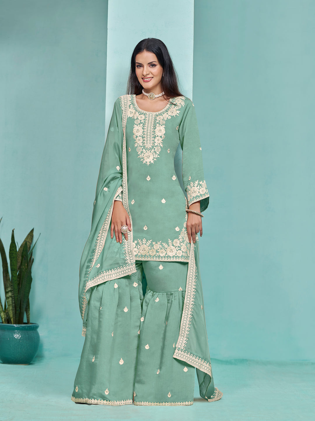 Elegant Roman Silk Palazzo Set with Embroidered Detailing | Stylish Ethnic Wear for Women