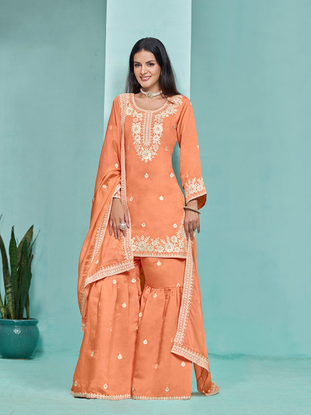 Elegant Roman Silk Palazzo Set with Embroidered Detailing | Stylish Ethnic Wear for Women