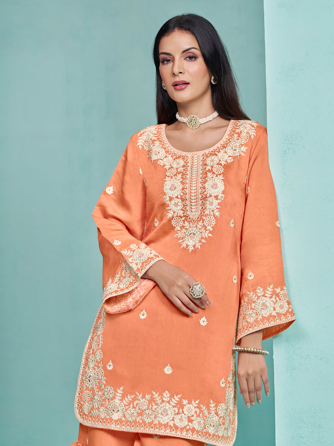 Elegant Roman Silk Palazzo Set with Embroidered Detailing | Stylish Ethnic Wear for Women