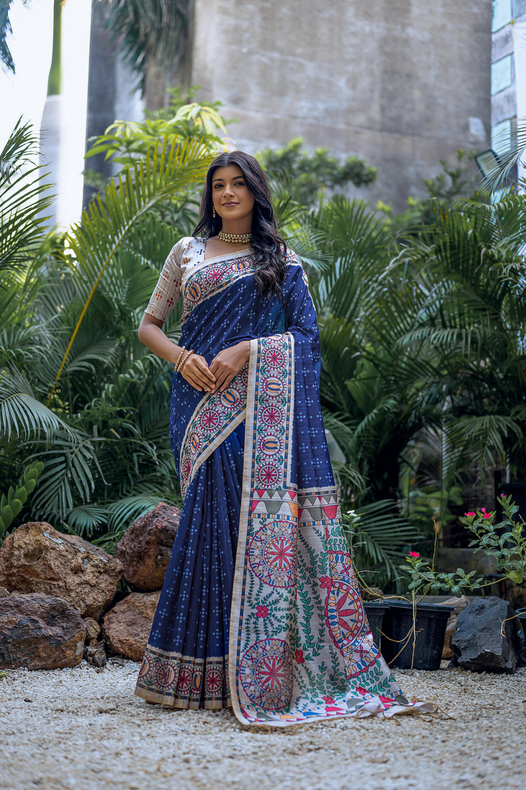 Elegant Tussar Silk Saree with Banarasi Blouse | Madhubani & Bandhani Print