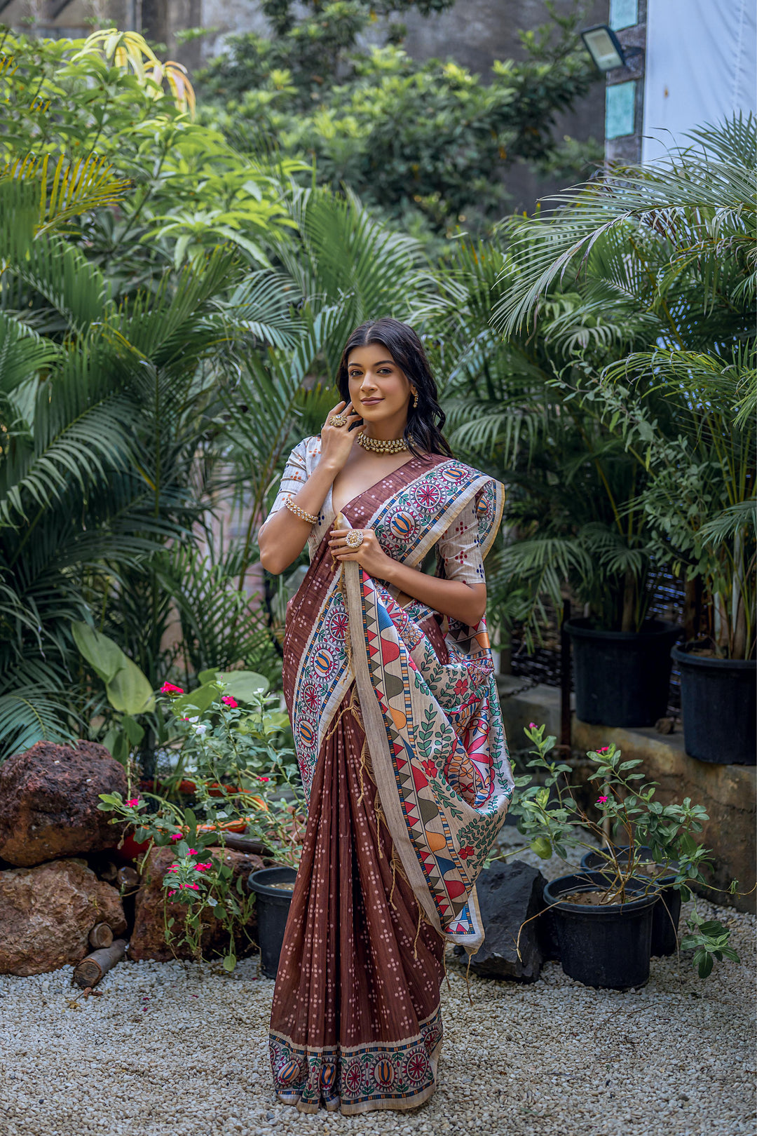 Elegant Tussar Silk Saree with Banarasi Blouse | Madhubani & Bandhani Print