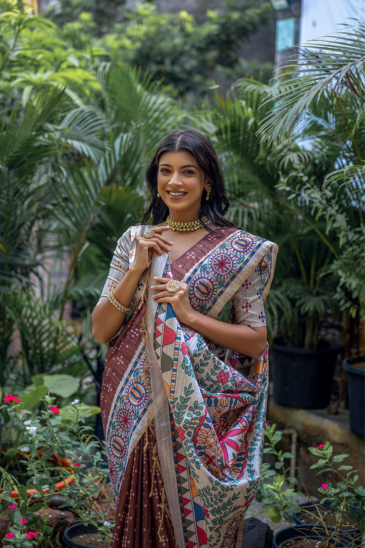 Elegant Tussar Silk Saree with Banarasi Blouse | Madhubani & Bandhani Print