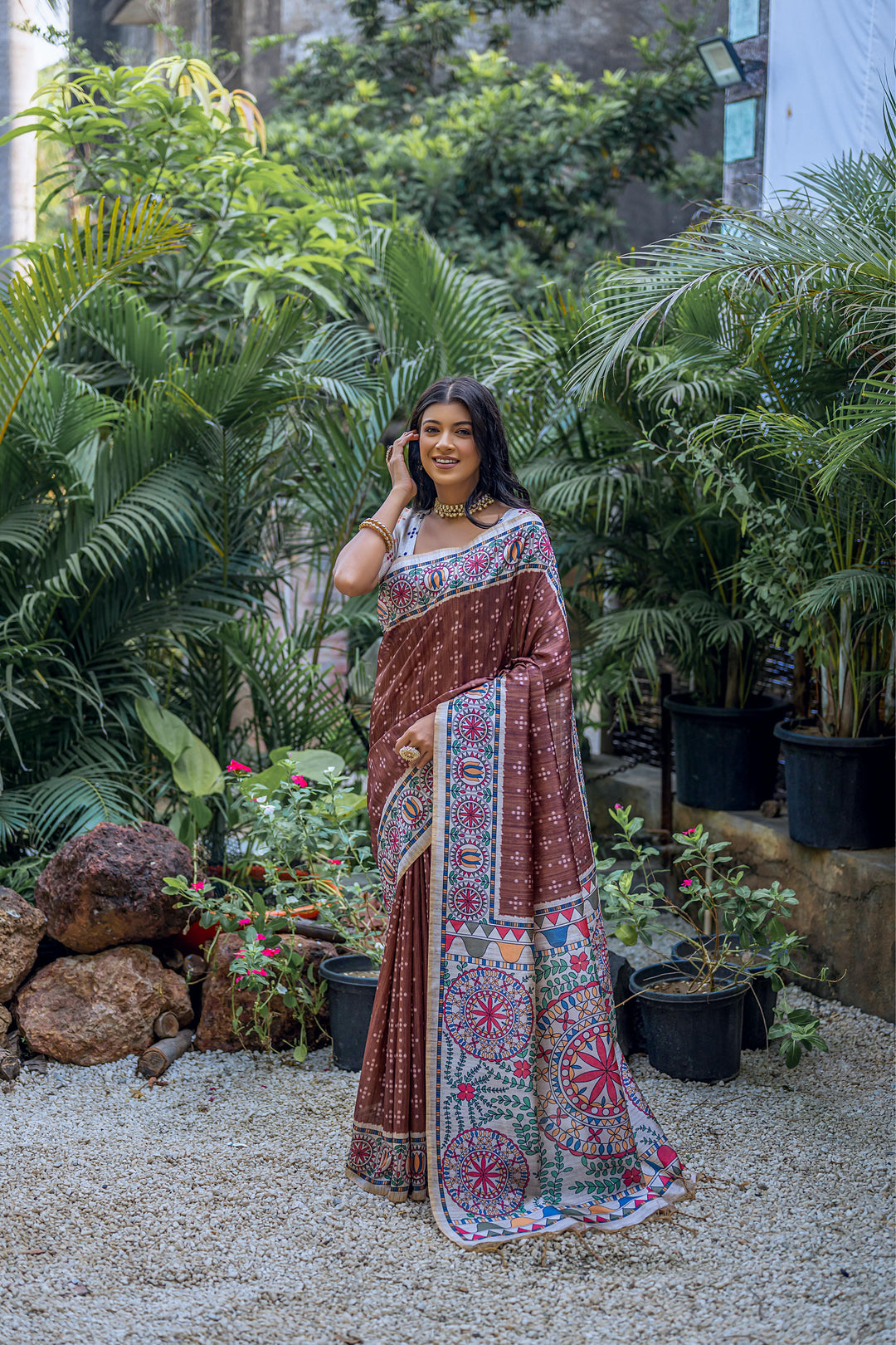 Elegant Tussar Silk Saree with Banarasi Blouse | Madhubani & Bandhani Print