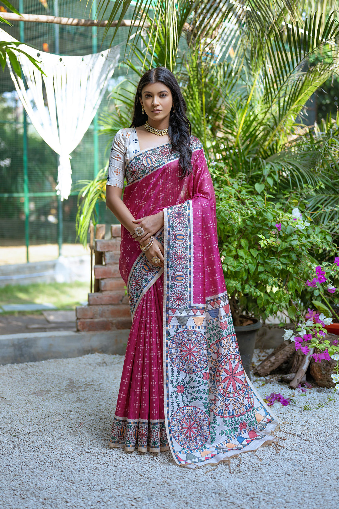 Elegant Tussar Silk Saree with Banarasi Blouse | Madhubani & Bandhani Print