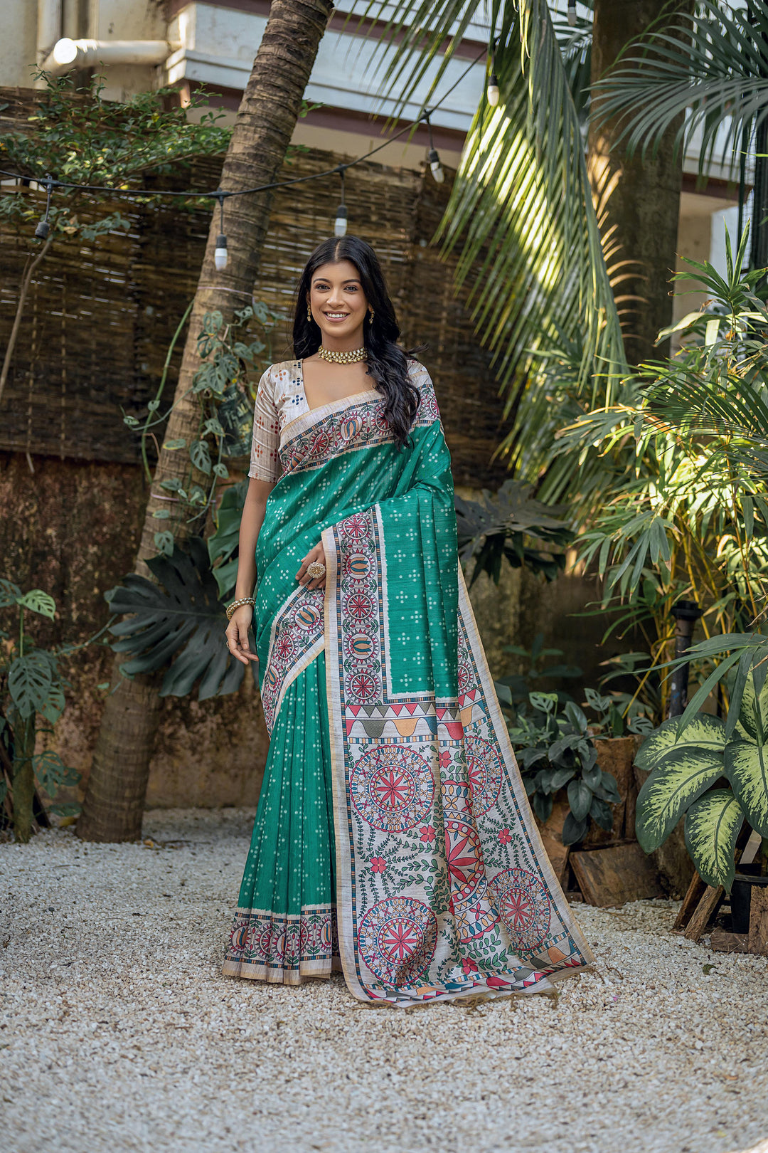 Elegant Tussar Silk Saree with Banarasi Blouse | Madhubani & Bandhani Print