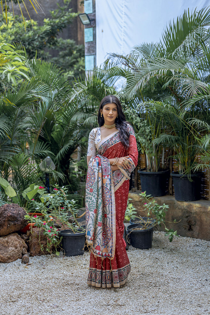 Elegant Tussar Silk Saree with Banarasi Blouse | Madhubani & Bandhani Print