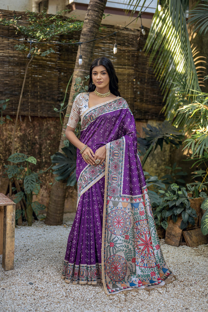 Elegant Tussar Silk Saree with Banarasi Blouse | Madhubani & Bandhani Print