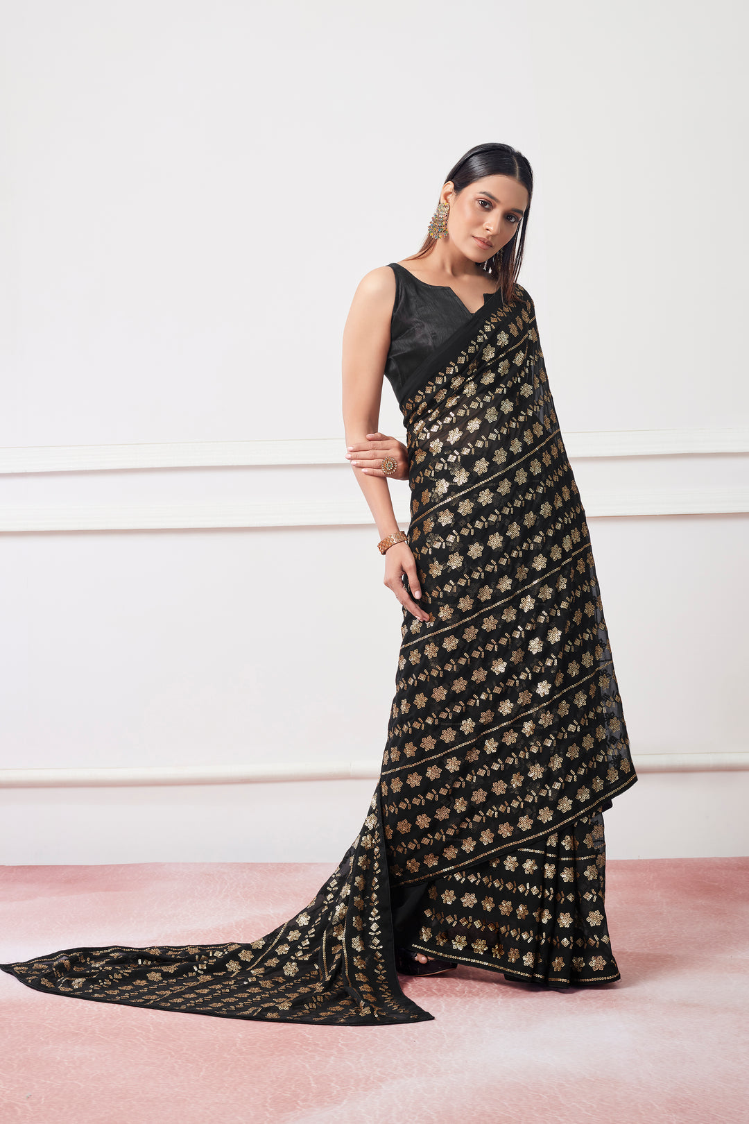 Elegantly Crafted Georgette Saree | Banarasi Silk with Sequins Embroidery