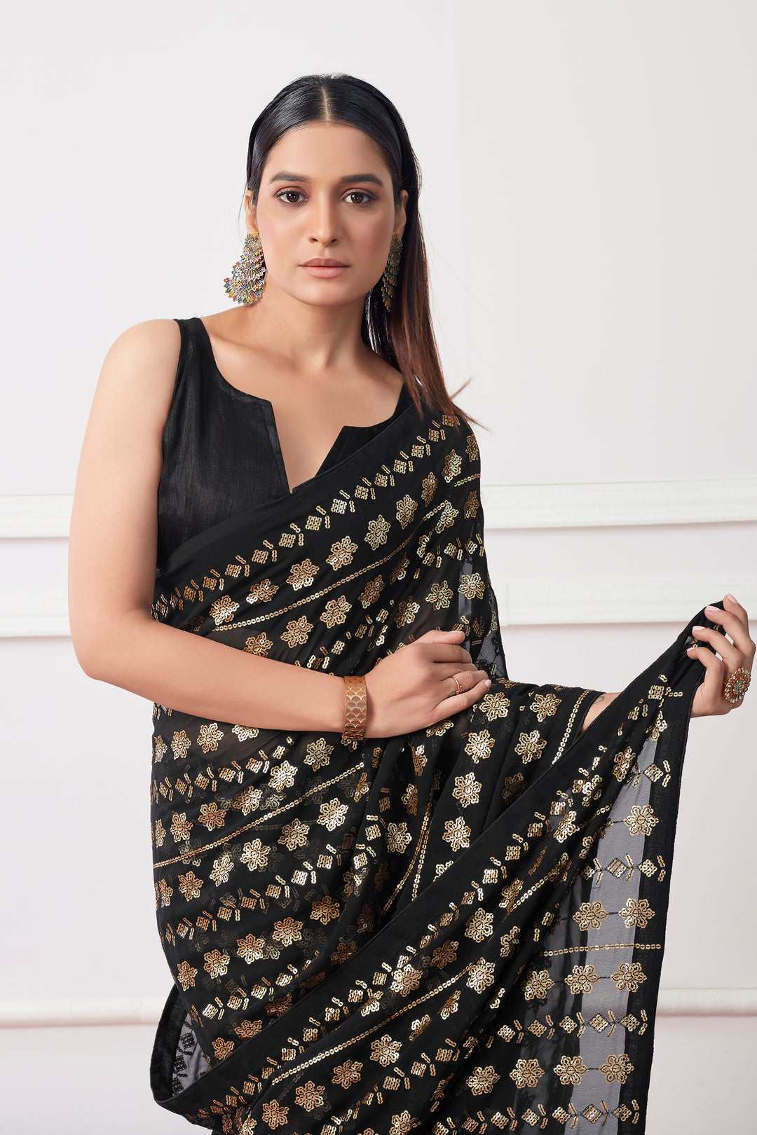 Elegantly Crafted Georgette Saree | Banarasi Silk with Sequins Embroidery