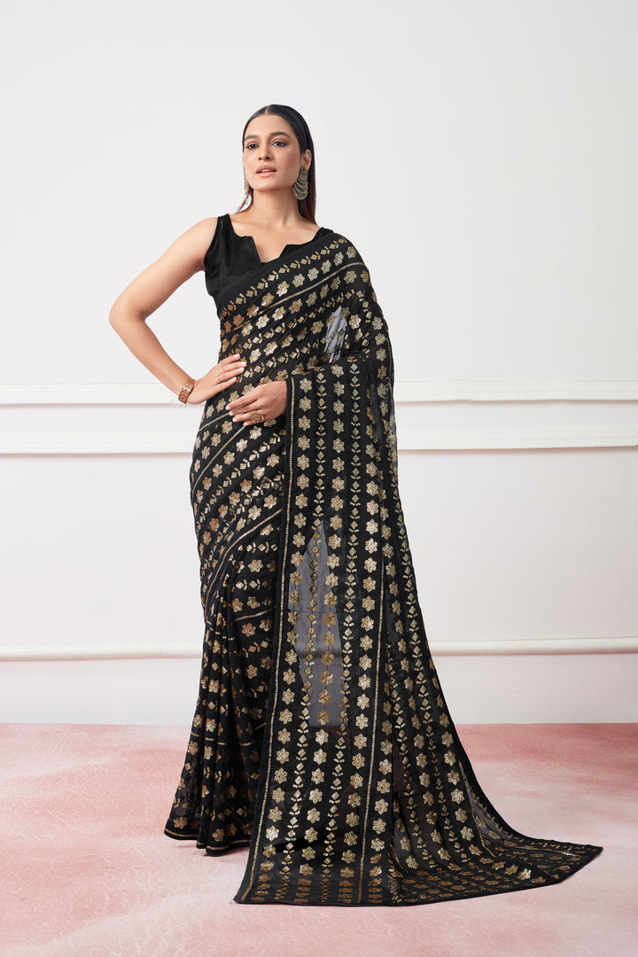 Elegantly Crafted Georgette Saree | Banarasi Silk with Sequins Embroidery