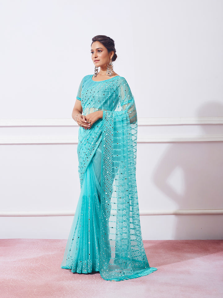 Designer Net Saree with Banarasi Silk | Embroidered for Special Events