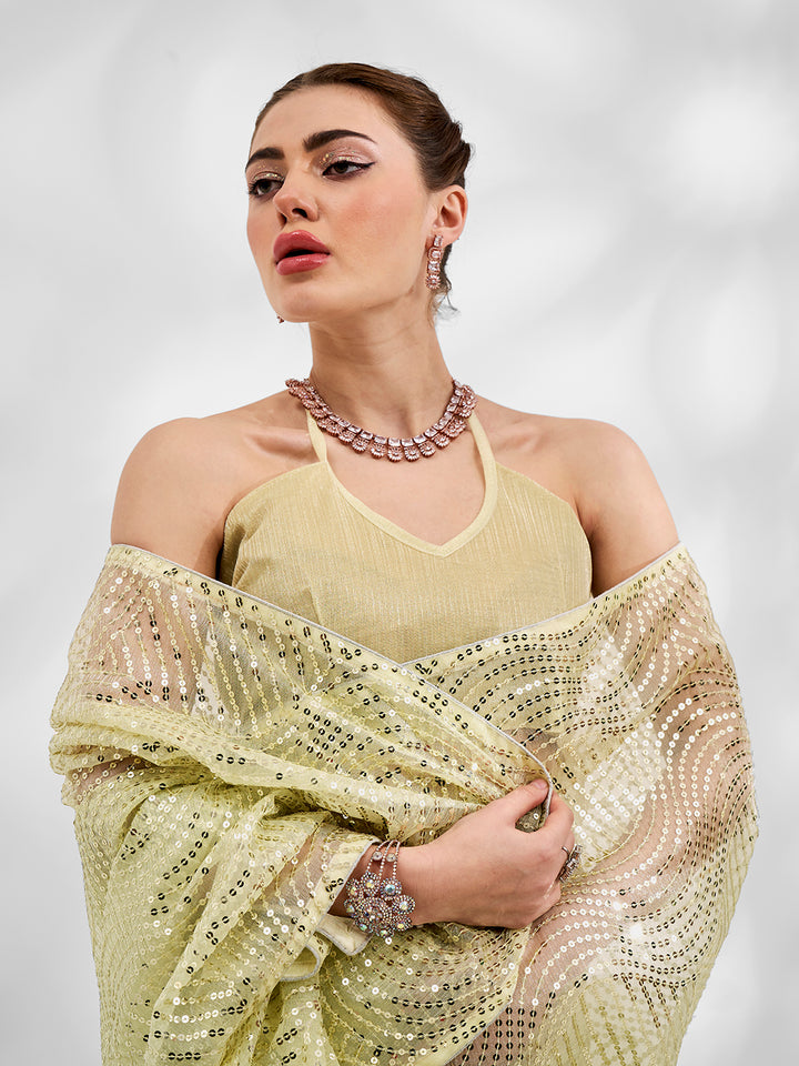 Elegant Net-Organza Saree with Banarasi Silk | Thread Embroidery & Sequins