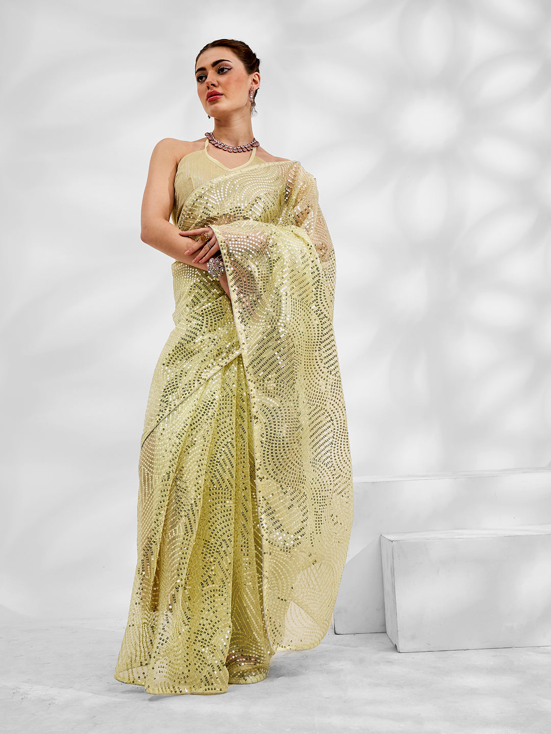 Elegant Net-Organza Saree with Banarasi Silk | Thread Embroidery & Sequins