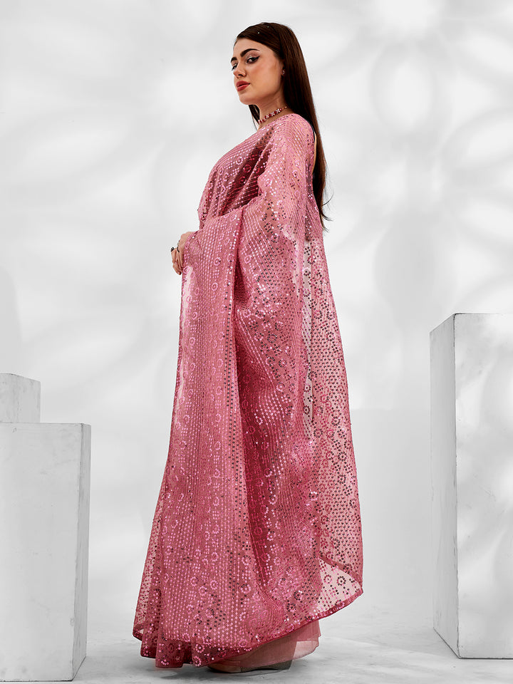 Elegant Net-Organza Saree with Banarasi Silk | Thread-Embroidery Work for Weddings