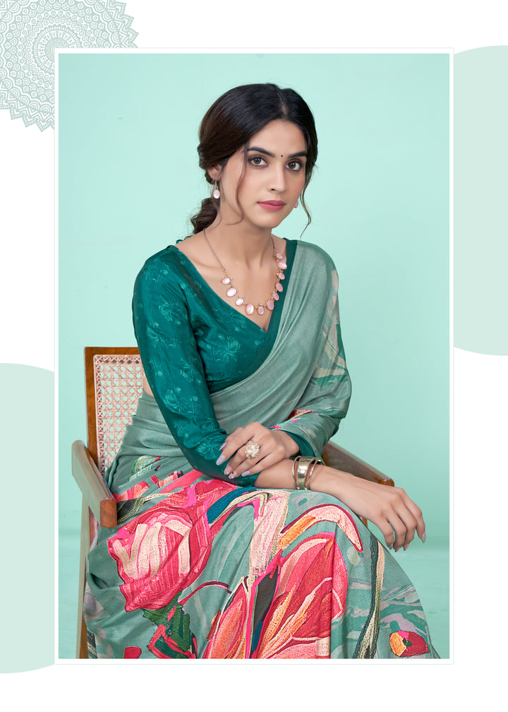 Charming Green Crepe Soft Silk Saree with Green Blouse | Perfect for Special Celebrations